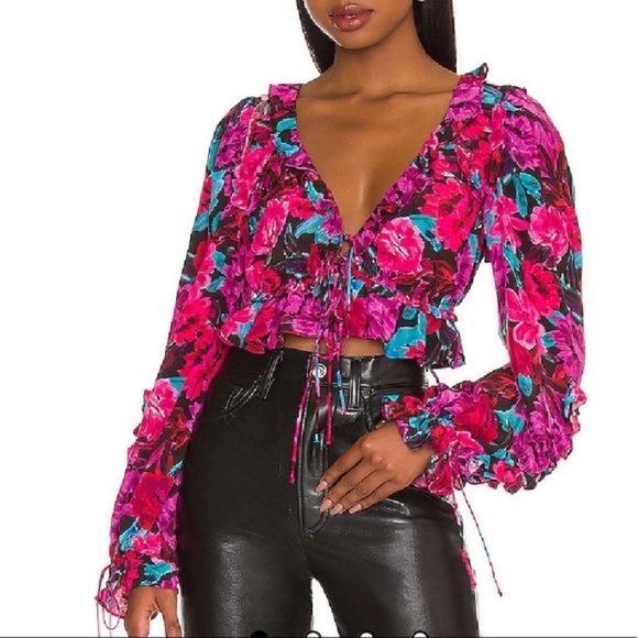 For Love & Lemons SCARLETT RUFFLE CROP TOP (M) floral spring summer blouse - Picture 1 of 3